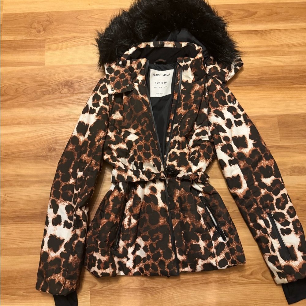 ASOS Leopard Print Ski Jacket with Black Fur Trim